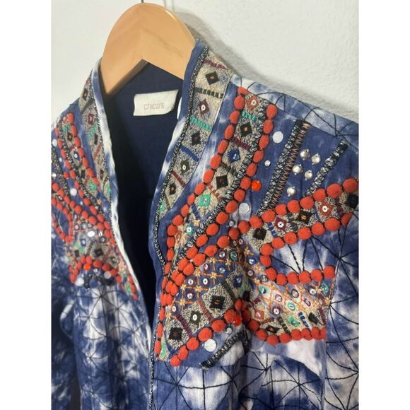 Chico's Blue Tie Dye Quilted Open Jacket Embroidered Chicos Size M Pompom Boho - Picture 6 of 6